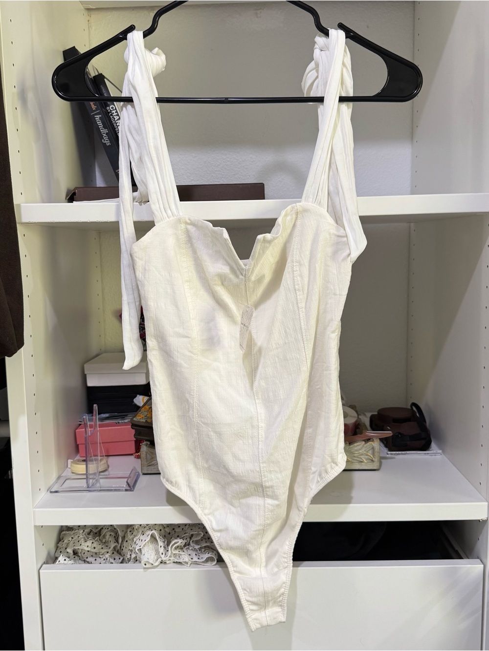 Free People Cream Tie-Shoulder Textured Bodysuit
